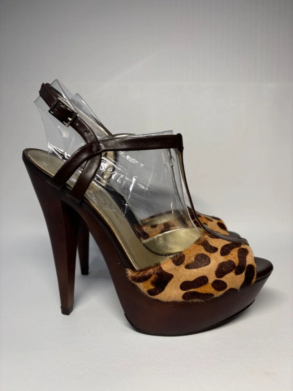 Jessica Simpson Leopard Calf Hair Platform Heels Brown T-Strap Stiletto Size 6.5